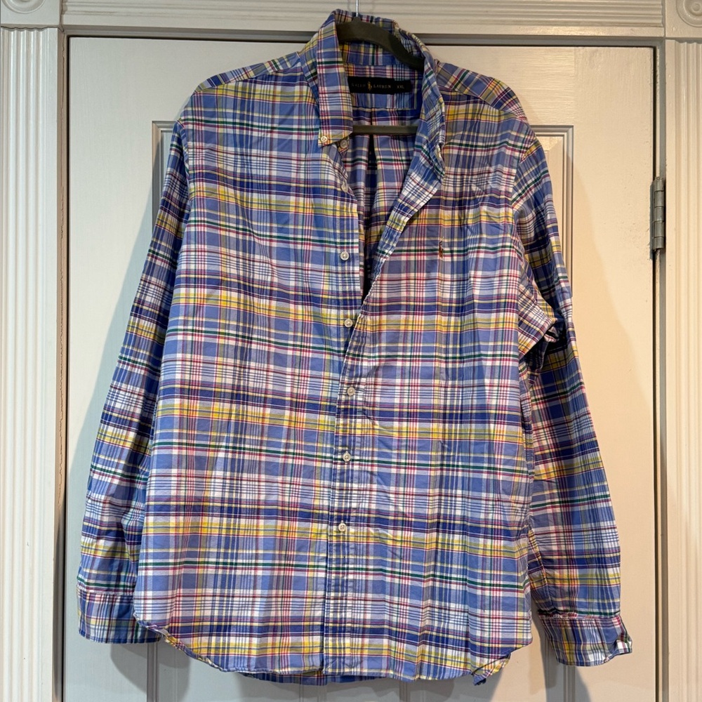 EUC Men’s Ralph Lauren Polo Button Up Dress Shirt XXL - Rainbow Multi Plaid